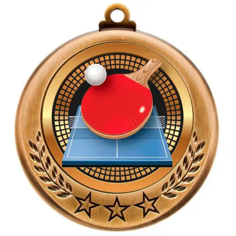 Bronze table tennis medal with paddle and ball design.